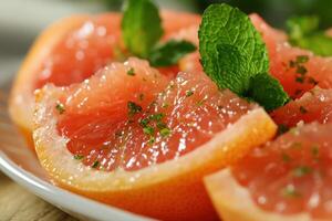 Refreshing grapefruit slices garnished with mint on a plate in a kitchen setting photo