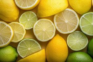 Freshly cut lemons and limes arranged beautifully on a colorful background during a sunny afternoon photo