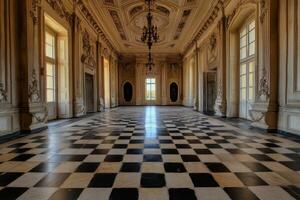 Elegantly designed grand hall with checkered flooring and ornate ceilings in a historic building during daylight hours photo