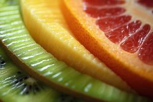 Colorful assortment of sliced fruits arranged in vibrant layers on a contrasting background photo