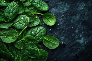 Fresh green spinach leaves arranged on a dark stone surface, highlighting their texture and moisture for culinary inspiration photo