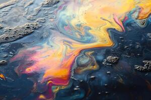 Colorful abstract patterns created by oil and water on a dark surface with bubbles photo