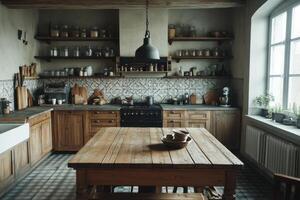 Rustic kitchen interior featuring wooden cabinets, an island, and ample natural light during the afternoon photo
