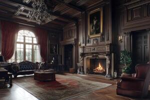 Elegant vintage living room with a fireplace, antique furniture, and a chandelier, showcasing a cozy atmosphere in a historic setting photo