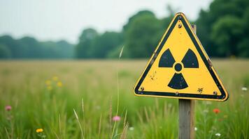 Yellow triangular sign with nuclear symbol in open field. photo