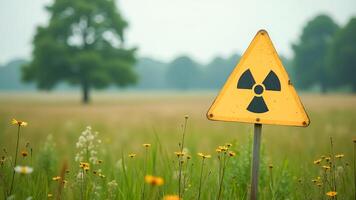 Yellow triangular sign with nuclear symbol in open field. photo