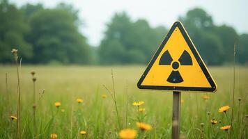 Yellow triangular sign with nuclear symbol in open field. photo