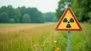 Yellow triangular sign with nuclear symbol in open field. photo