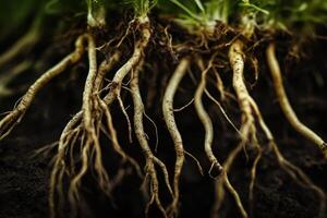 Roots of a healthy plant growing in rich soil under natural light in an outdoor garden setting photo
