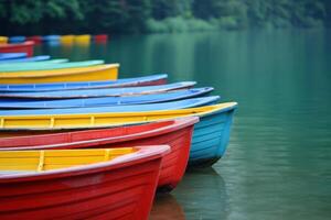 Colorful boats lined along a serene lake surrounded by lush greenery during daylight photo