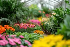 Diverse floral display in a greenhouse showcasing vibrant blooms and lush greenery during daylight hours photo