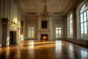 Elegant, spacious hall with intricate architecture and warm sunlight streaming through large windows in a historic building photo