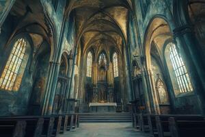 Explore the grand interior of an ancient Gothic church filled with colorful light and intricate details during the early morning hours photo