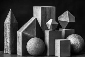 Abstract arrangement of geometric shapes in a monochromatic setting showcasing various textures and forms photo