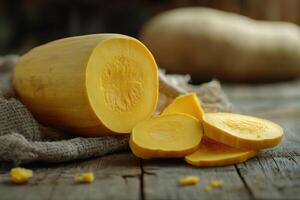 Freshly sliced yellow squash on a rustic wooden table with soft lighting in a cozy kitchen setting photo