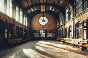 Sunlight streams through large windows in a historic train station with wooden benches during a quiet afternoon photo
