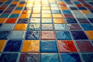 Colorful mosaic tiles create an artistic floor design in warm afternoon sunlight photo