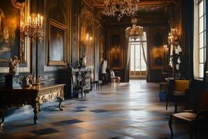 Elegant interior of an opulent historical room adorned with chandeliers and fine artwork in a grand estate during golden hour photo