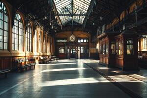 Sunlight streams through the large windows of an empty train station during early morning, highlighting the architectural details and wooden benches photo