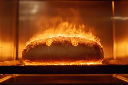 Bread baking in an oven with flames highlighting its golden crust during a late evening session photo