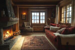 Cozy living room with a roaring fireplace and rustic furniture, creating a warm atmosphere on a winter evening photo