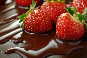 Fresh strawberries dipped in rich dark chocolate on a glossy surface photo