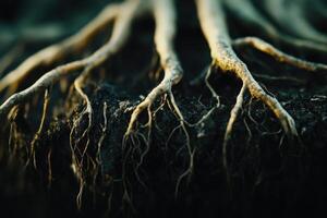 Close-up of intricate tree roots emerging from dark soil in early morning light photo