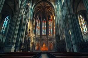 Stunning Gothic architecture inside a historic cathedral with vibrant stained glass windows illuminating the interior photo