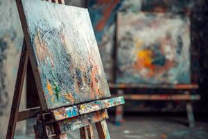 Artistic workspace featuring two unfinished canvases and vibrant paint splashes in a creative studio environment photo