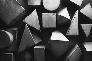A collection of various geometric wooden shapes arranged together in monochrome, emphasizing their unique forms and textures photo