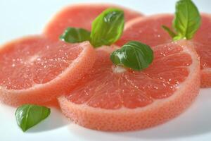 Fresh grapefruit slices garnished with basil leaves on a white plate in natural light photo