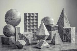 A collection of various geometric shapes in gray marble arranged artistically on a wooden surface in natural light photo
