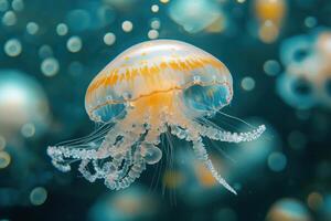 Beautiful jellyfish gracefully swimming in a colorful ocean environment during daylight hours photo