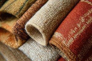 Textile rolls showcasing vibrant patterns and textures in a cozy interior setting photo