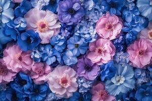 A stunning array of blue and pink flowers in a vibrant floral arrangement photo