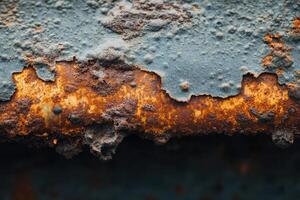 Close-up of a rusted metal surface revealing vivid textures and colors in natural lighting photo