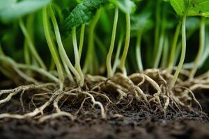 Young plant roots emerging from the soil with green leaves in a lush garden setting during daylight photo