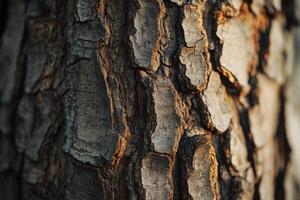 Detailed close-up of textured tree bark illuminated by soft natural light in a forest setting photo