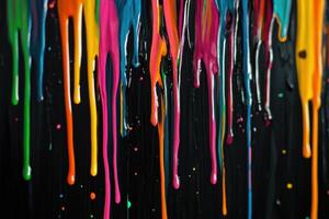 Colorful paint drips create an abstract art piece on a dark background in a creative studio setting photo