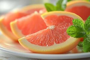 Freshly sliced pink grapefruit garnished with mint leaves on a plate in natural light photo