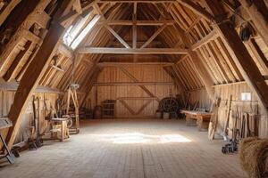 A rustic wooden barn interior showcases traditional tools and equipment in an airy space filled with natural light photo
