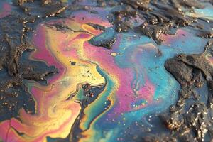 Colorful oil slick on wet asphalt creating a vibrant rainbow effect in natural light photo