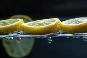Lemon slices floating in sparkling water with bubbles against a dark background photo