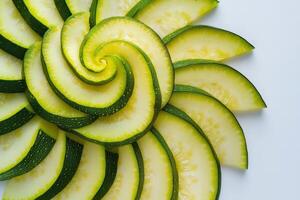 Freshly sliced cucumber arranged in a spiral pattern on a white background, showcasing vibrant green and yellow colors photo