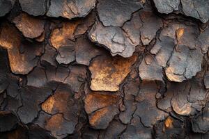 Detailed close-up of charred tree bark revealing textures and patterns after wildfire damage photo