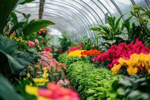 Vibrant floral display in a greenhouse showcasing diverse plants and flowers during a sunny day in a tropical region photo