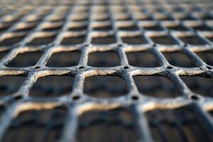 Close-up view of a textured metal grid showing patterns and shadows in natural light photo