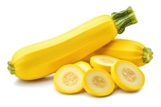 Fresh yellow squash and sliced pieces arranged on a white background highlighting their vibrant color and fresh appearance photo