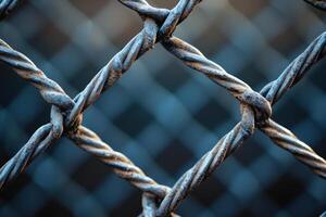 Detailed close-up of intertwined metal wire mesh in urban environment at sunset photo