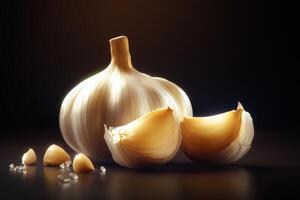 Garlic bulb and cloves displayed artistically on a dark background with minimal lighting at a kitchen countertop photo